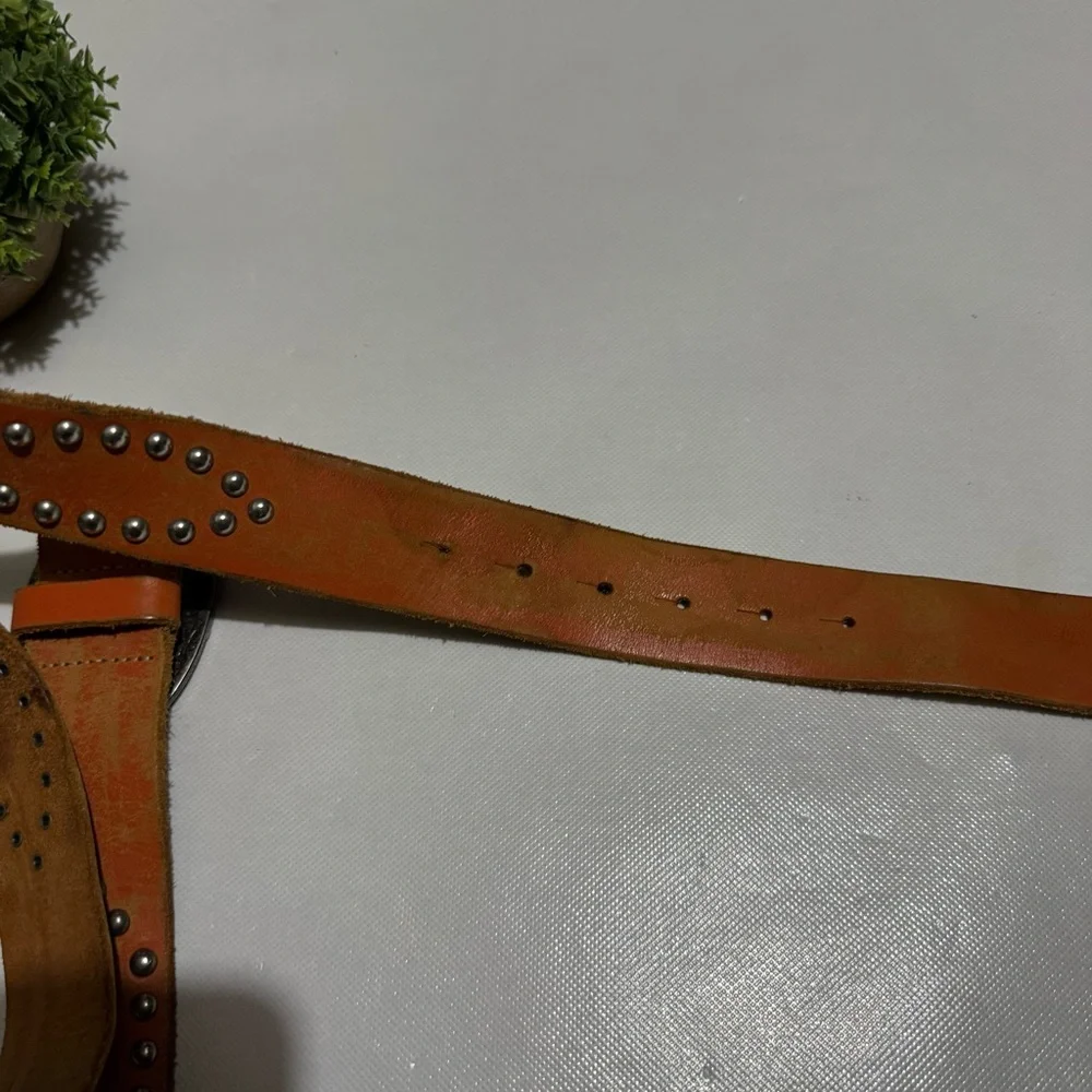 Vintage Texas Belt Buckle Genuine Leather Orange Studded Western Belt Mens Small